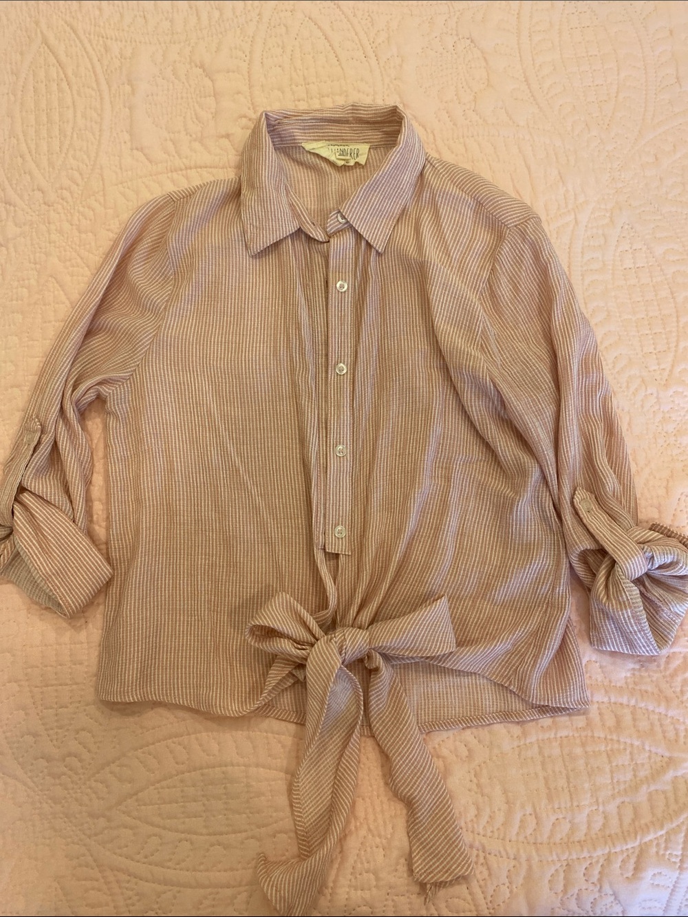 Sweet Wanderer Pink and White Striped Button-Up Tie Shirt